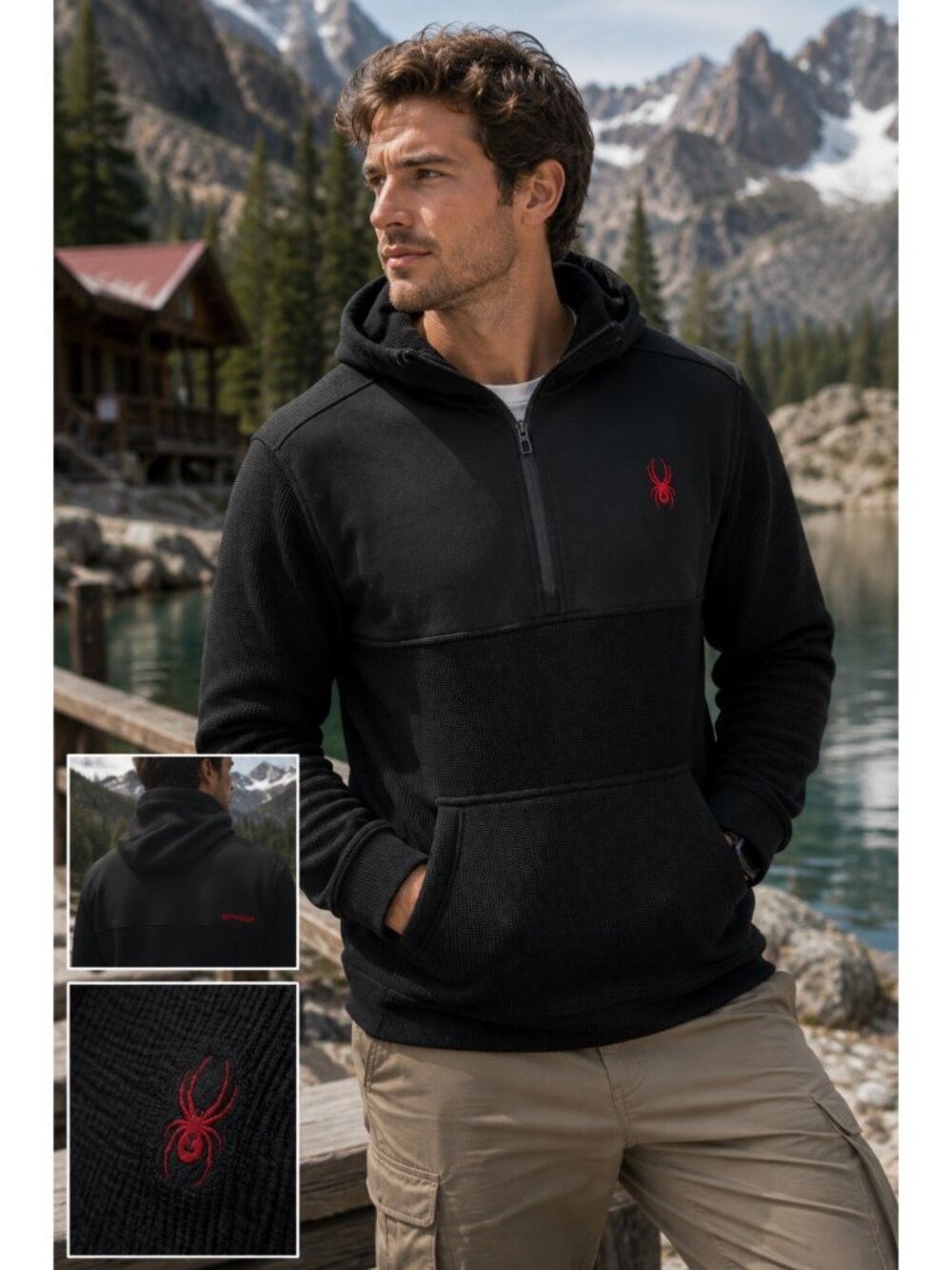 Spyder Hoodie Mens L Black 1/4 Zip Fleece Pullover Thermal Kangaroo Pocket